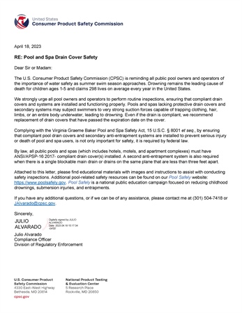 CPSC Letter - Drain cover reminder for public pools